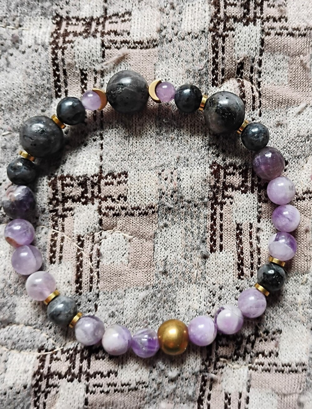 Moody Amethyst and Black Moonstone Crescent Moons Bracelet